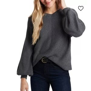 1.STATE V-Neck Ribbed Knit Baloon Sleeve Sweater